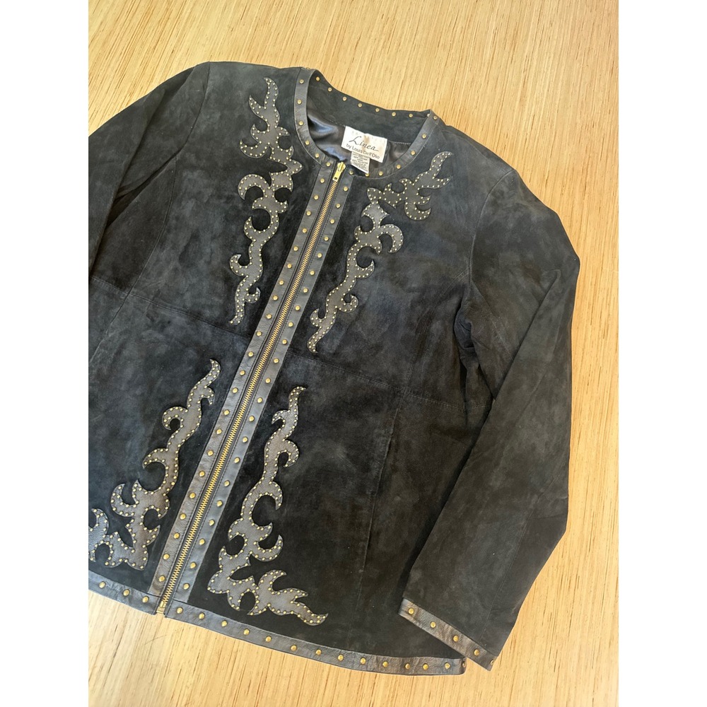 Linea Louis Dell'Olio Black Suede Studded Leather Applique Jacket XL Western 41